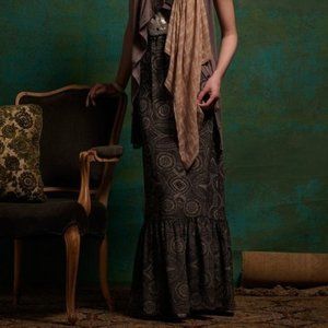 Lil Anthropologie Fossil Print Maxi Skirt Ruffle Pockets Boho Modest Silk sz 6